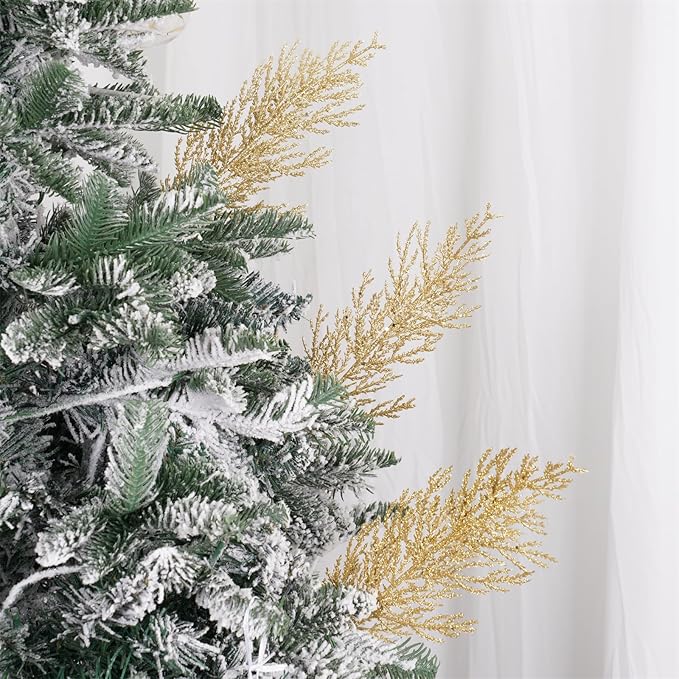Christmas Glitter Stems 24pcs Artificial Pine Tree Picks for Christmas Tree Ornaments fillers, DIY Xmas Wreath, Crafts, Garland, Holiday, Party, Wedding and Home Decoration(Gold)