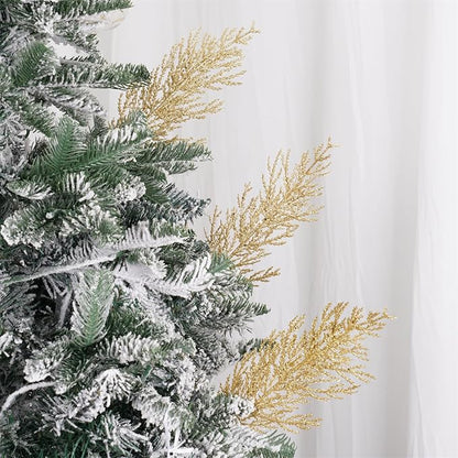 Christmas Glitter Stems 24pcs Artificial Pine Tree Picks for Christmas Tree Ornaments fillers, DIY Xmas Wreath, Crafts, Garland, Holiday, Party, Wedding and Home Decoration(Gold)