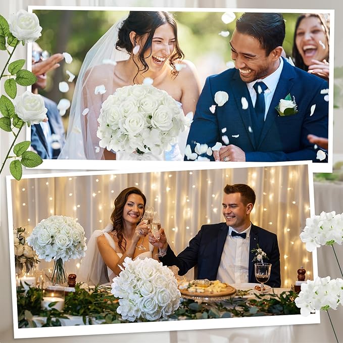 Havawish 60 Pcs Artificial Roses Fake Hydrangea Flowers with Stems, 30 Artificial Hydrangea 30 Fake Roses, Bridal Bouquet Realistic Faux White Flower Bulk for Wedding Garden Decorations
