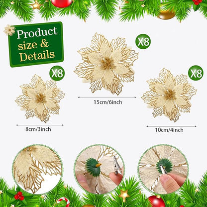 Geosar 24 Pieces Christmas Glitter Poinsettia Flowers Layered Artificial Xmas Flowers Wedding Christmas Tree New Year Ornaments 3/4/6 Inch(Gold)