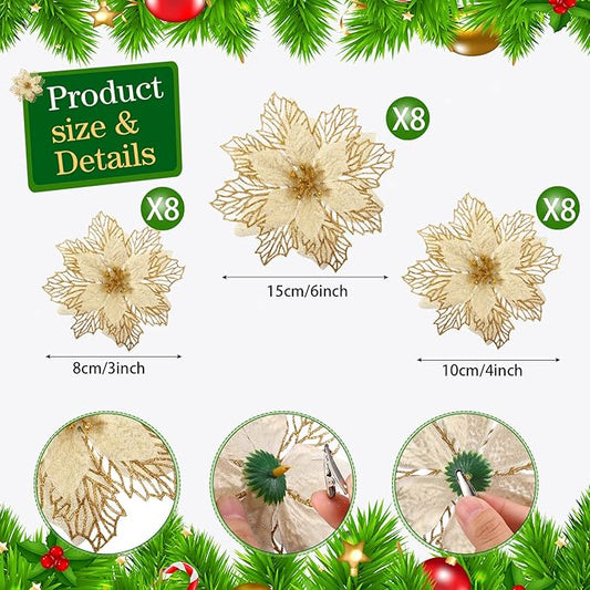 Geosar 24 Pieces Christmas Glitter Poinsettia Flowers Layered Artificial Xmas Flowers Wedding Christmas Tree New Year Ornaments 3/4/6 Inch(Gold)