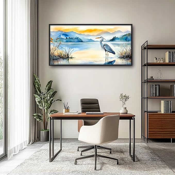 Heron Bird Large Decor Wall Art Mountain Landscape Framed Pictures for Living Room, Oversized Canvas Print Painting Modern Extra Large Framed Artwork for Bedroom Office Home Decor 60"x30"