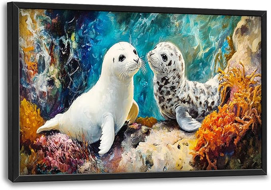Extra Large Seal Framed Wall Art for Living Room,Oversized Underwater Animal Pictures Wall Decor,Ocean Coral Reef Canvas Print Painting Modern Artwork Bedroom Office Bathroom 36L x 24W