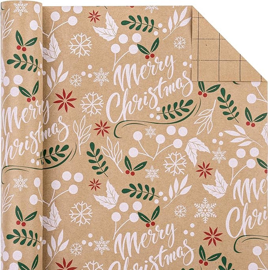 WRAPAHOLIC Kraft Christmas Wrapping Paper - Mini Roll - 17 Inch x 33 Feet - Merry Christmas Wrapping Paper with Leaves Design for Holiday, Party Celebration