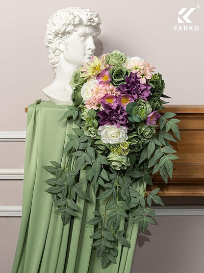 FANKO Artificial Flowers Green Rose, Mixed Combo Fake Silk Flowers White Rose Purple Dahlia Gradient Vintage Assorted Blooms for DIY Wedding Bridal Bouquets/Centerpieces/Home Decor