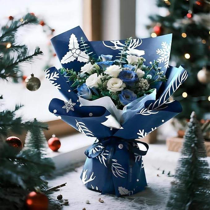 LeZakaa 20 Sheets Flower Wrapping Paper, Navy Blue Christmas Reindeer and Snowflake Design Waterproof Floral Bouquet Paper for Christmas, Winter Holiday Party Gift Packaging