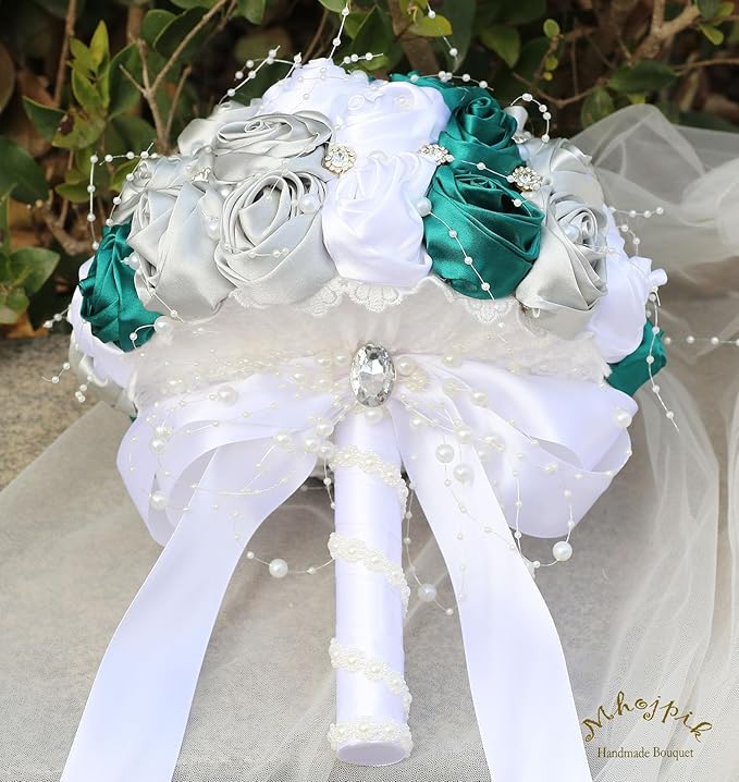 Bridal Wedding Bouquet Round Bling Brooch Bouquet Throw Toss Artificial Rose Flower Bunch for Bride Bridesmaid Wedding Quinceanera(Dark Green, Silver & White, 7.5")