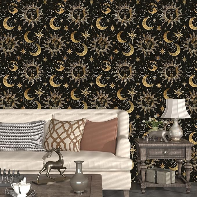 Black Peel and Stick Removable Vintage Wallpaper Gold Celestial Sun Moon Star Contact Paper 17.5" x 393" Dark Boho Mural Waterproof for Wall Bedroom Kitchen Bathroom Cabinet Room Decor