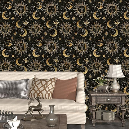Black Peel and Stick Removable Vintage Wallpaper Gold Celestial Sun Moon Star Contact Paper 17.5" x 393" Dark Boho Mural Waterproof for Wall Bedroom Kitchen Bathroom Cabinet Room Decor