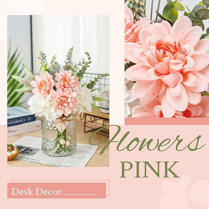 Der Rose Fake Flowers in Vase Silk Artificial Pink Flowers Arrangements with Glass Vase for Dinning Coffee Table Centerpieces Home Kitchen Farmhouse Wedding Decor