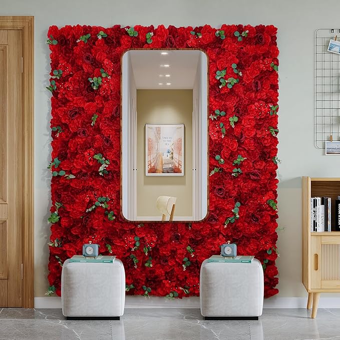 Red Flower Wall Backdrop 12 Piece of 16.5x16.5 Inch Artificial Floral Wall Panel Silk Rose Wall Decor Ideal for Wedding Celebrations, Festive Party Backdrops, and Home Decor