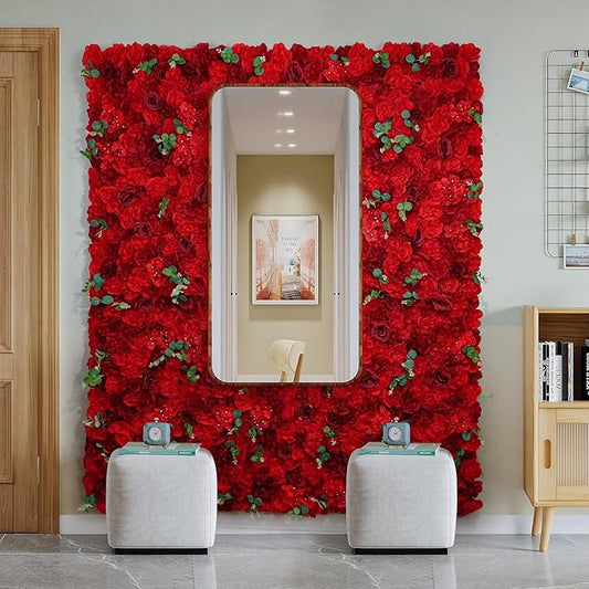 Red Flower Wall Backdrop 12 Piece of 16.5x16.5 Inch Artificial Floral Wall Panel Silk Rose Wall Decor Ideal for Wedding Celebrations, Festive Party Backdrops, and Home Decor