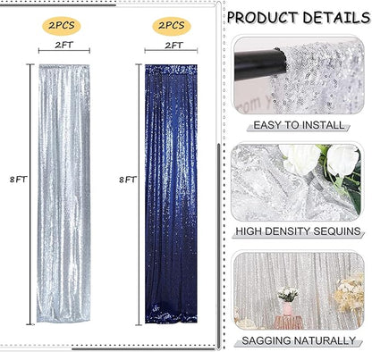 Sequin Backdrop Curtain 4 Panels 2FTx8FT Glitter Background Drapes Silver and Navy Blue Sparkle Photography Backdrop for Party Wedding Birthday Wall Decoration