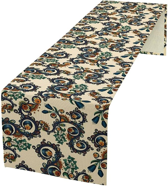 Vintage Bohemian Table Runner, Boho Blue Orange Ornate Paisley Print Table Runner for Kitchen Dining Home Party Decor, 13x70 Inch