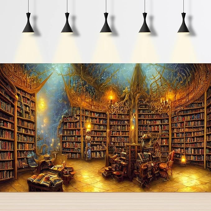 Medieval Fairytale Library Backdrop Vintage Bookshelf Backgrounds Cozy Bookcase Old-Fashioned Library Room Magical Books Photography Background Magic Books Theme Party Decorations Props 15x10ft