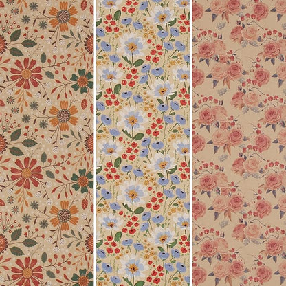 Aimyoo Kraft Floral Wrapping Paper Bundle, Vintage Spring Flowers Rose Gift Wrap Paper for Wedding Bridal Shower Birthday, 3 Rolls 17 in x 10 ft per Roll
