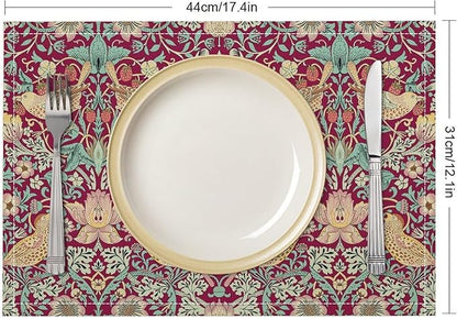 William Morris Floral Placemats Strawberry Thief Red Art Printed Dining Table Mats Set of 4 for Home Kitchen Holiday Picnic Party Decoration 12x18in