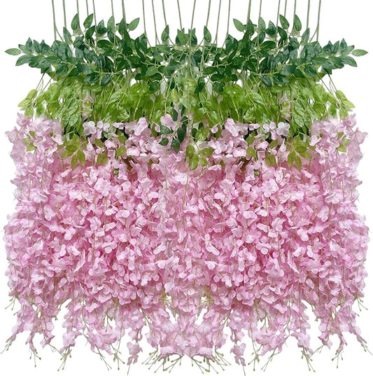 Artificial Wisteria Hanging Flowers Fake Wisteria Flower Garland Silk Vines Rattan Decor for Home Wedding Arch Wall Garden Greenery Bedroom Outdoor Office Party Decoration (24, Light Pink)
