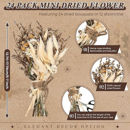 Layhit 24 Pcs Boho Dried Flower Bouquet Mini Wedding Handmade Dry Flowers Decor for Vase Crafts DIY Photo Boutonniere for Men Floral Plant for Bridesmaid Gift Birthday Decor(Stylish)