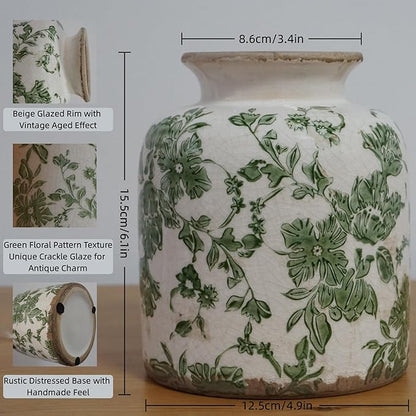 Vintage Green Crackle Glaze Ceramic Flower Vase, 6” Small Rustic Pottery-Style Decorative Vase with Distressed Beige Rim, Farmhouse Cottage Tabletop & Mantel Home Decor