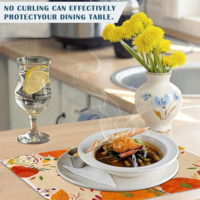 Happy Thanksgiving Day Placemats Set of 4, Linen Place Mats Heat Resistant Non-Slip Washable Table Mats for Dining Kitchen Party Decor 12"x18"