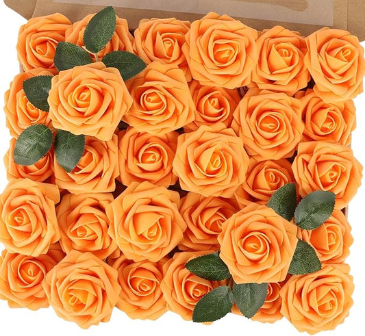 MACTING Artificial Rose Flowers 30PCS Real Touch Fake Flowers with Stem Faux Foam Roses for DIY Wedding Bouquet Table Centerpieces Party Bridal Shower Home Spring Valentines Day Decorations,Orange