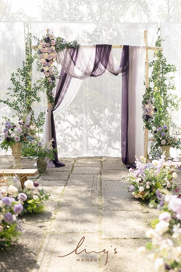 Ling's moment Wedding Arch Flowers with Sheer Drapes Kit - Artificial Purple and Gold Rose Floral Arrangements for Ceremony Backdrop, Arbor Decor, 5-Piece Set (2 Flower Stems + 3 Hanging Drapes)