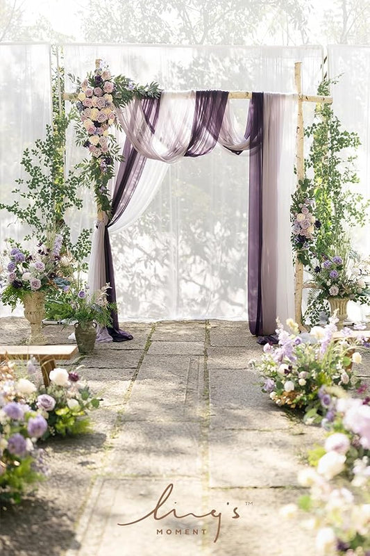 Ling's moment Wedding Arch Flowers with Sheer Drapes Kit - Artificial Purple and Gold Rose Floral Arrangements for Ceremony Backdrop, Arbor Decor, 5-Piece Set (2 Flower Stems + 3 Hanging Drapes)