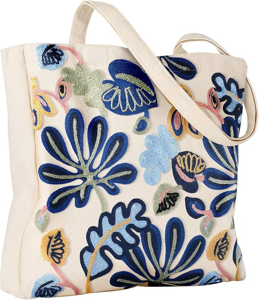 Aesthetic Embroidery Tote Bag for Women - Reusable Canvas Cute Shoulder Bag for Shopping, Grocery, Work, Book
