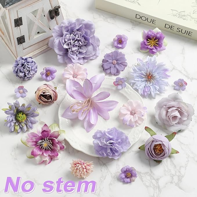Artificial Flowers Heads Combo Purple Flowers Mix Silk Flowers Heads Bulk Faux Rose for Craft Garland Graduation Cap Wedding Bridal Baby Shower Home Party Decoration DIY Cake Decor
