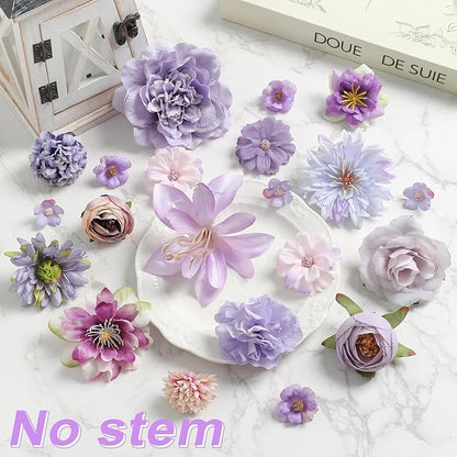 Artificial Flowers Heads Combo Purple Flowers Mix Silk Flowers Heads Bulk Faux Rose for Craft Garland Graduation Cap Wedding Bridal Baby Shower Home Party Decoration DIY Cake Decor