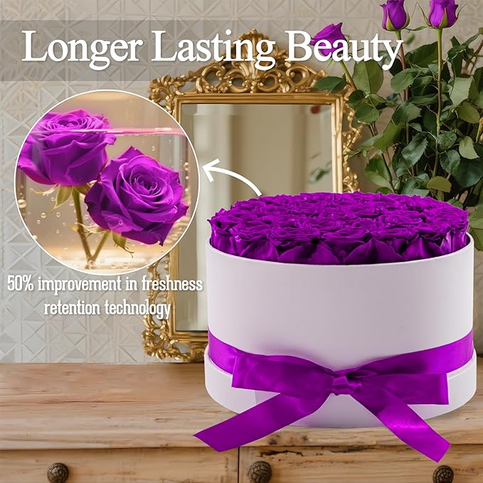 27 Forever Roses in Luxury White Box, Eternal Real Roses Gift for Women, Preserved Flowers for Delivery Prime, Anniversary, Valentine's Day, Birthday for Her (Purple)