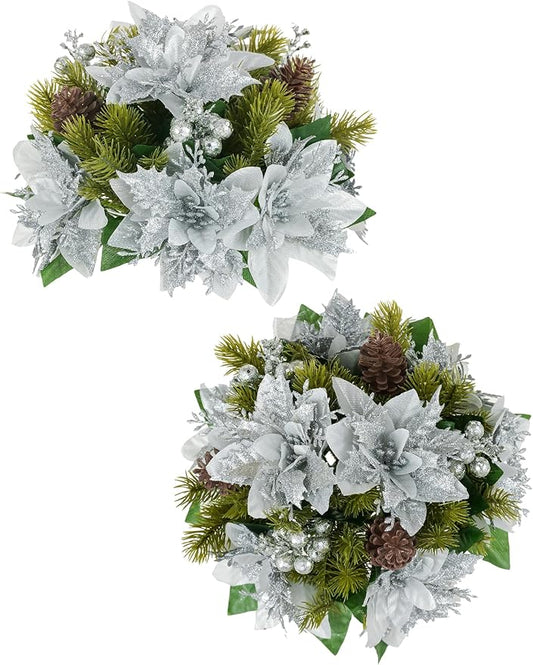 BLOSMON Poinsettias Artificial Christmas Flowers: 2 Pcs Silver Glitter Fake Christmas Floral Ball Centerpieces for Tables Decoration Silk Faux Poinsettia Holiday Flower Arrangement Xmas Plants Decor