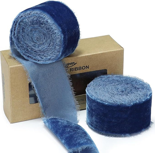 Dusty Blue Velvet Ribbon Handmade Fringe Fabric Ribbons for Crafts Flower Bouquet Wedding Decorations 2 Rolls 1 1/2 Inch x 2 Yd (4 Yards Total)