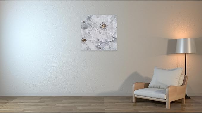 SYGALLERIER White and Gray Flower Blooms Wall Art - Handcrafted Floral Canvas with Gold Foil Embellishments Modern Flower Wall Decor for Livingroom Bedroom Bathroom 24X24