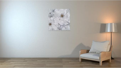 SYGALLERIER White and Gray Flower Blooms Wall Art - Handcrafted Floral Canvas with Gold Foil Embellishments Modern Flower Wall Decor for Livingroom Bedroom Bathroom 24X24
