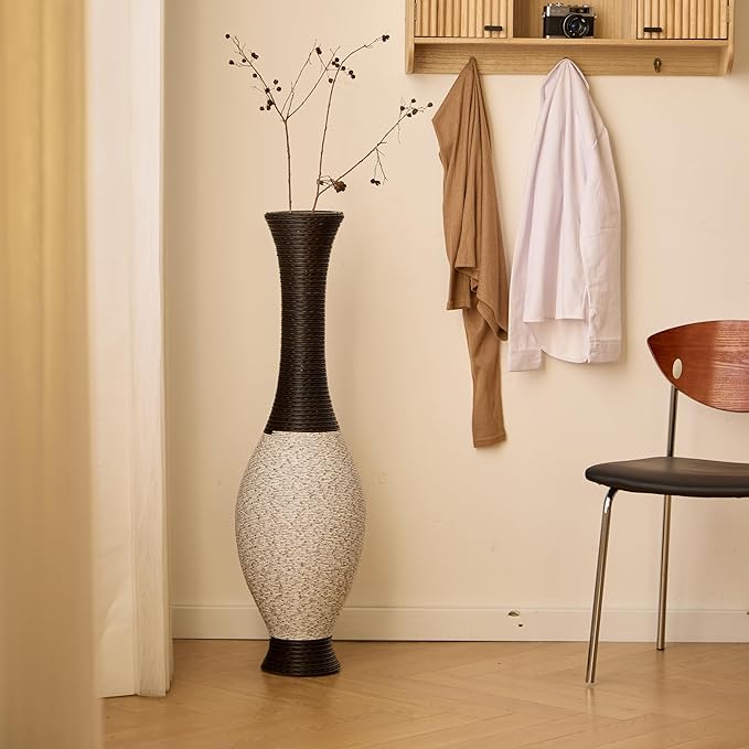 Large Hand-Woven PVC Rattan Look Floor Vase, 39.37 Inch Tall Home Decor Floor Vase for Fake Flower Dried, Farmhouse Decorative Flower Holder for Living Room, Bedroom, Dining Room, Entryway, Hallway