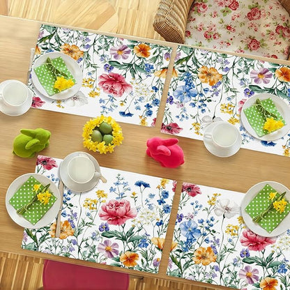 Poppy Floral Placemats Set of 6, Watercolor Wildflower Place Mats, Leaves Spring Dining Table Mats, Washable Flower Placemats for Kitchen Dining Room Home Decor 18L'' × 12W''