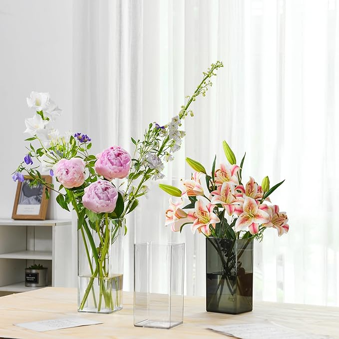 Acrylic Square Flower Vase, Non-breakable Vase, 4" x 4" x 10" Tall Clear Vases for Flower, Large Cube Floral Plant Container, Planter Terrarium for Wedding Party Event, Home Office Decor