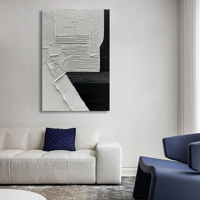 Hand-Painted 45x30 inch White and Black Abstract Wall Decoration Oil Painting Thick Texture Minimalist Art