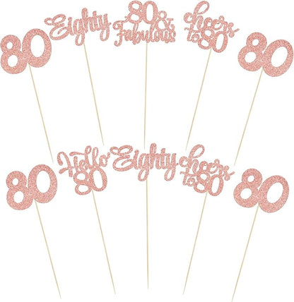 Gyufise 15Pcs 80th Birthday Centerpiece Sticks Eighty Happy 80th Table Flower Centerpieces Sticks Cheers to 80 Floral Decorations for 80th Birthday Party Centerpieces Supplies Rose Gold
