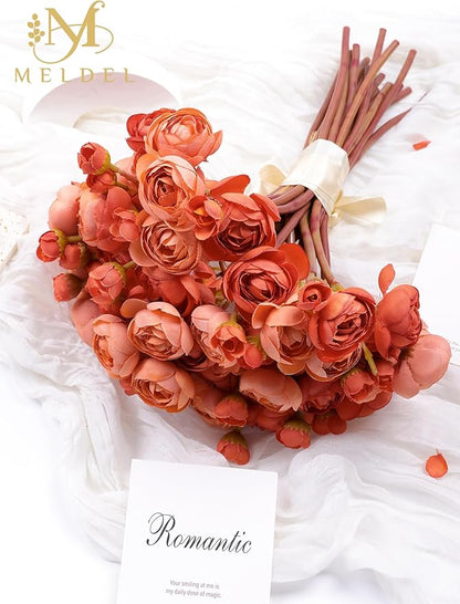 Meldel 32Pcs Ranunculus Artificial Flower, Burnt Orange Faux Ranunculus Flowers for DIY Bouquet, Rose Bulk Fake Peony Wedding Filler Flowers for Centerpieces Arrangements Bridal Shower Decorations