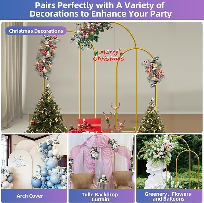 Hemmotop Metal Arch Backdrop Stand, 7.2FT+6.6FT+6FT Wedding Arches for Backdrop, Gold Background Arch Stands Set of 3, Flower Arches Frame for Birthday Party, Baby Shower, Graduation, Garden Décor