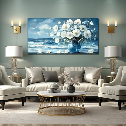 Flower Wall Art for Living Room, Ocean Canvas Wall-Decor for Bedroom, Blue and White Picture Print Artwork for Office, Large Size 59 x 29 Inches