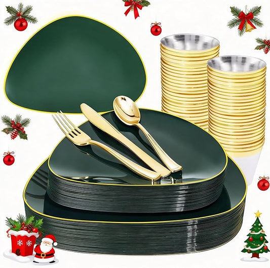 DaYammi 180Pcs Green Plastic Plates, Green Gold Disposable Plates with Gold Silverware Dinnerware Set Include: 30 Dinner Plate,30 Dessert Plate,90 Plastic Cutlery,30 Cups for Christmas Party Holiday