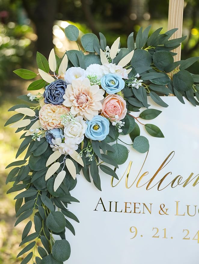 Artificial Blush Pink Wedding Arch Flower Swags Set of 2 for Wedding Welcome Signs and Ceremony Decorations, Blue Flowers