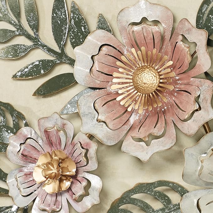 Floral Sway Wall Art Sculpture | Flower Blossoms | Bloom Metal Wall Art Decor | Hanging Wall Decor | Leaf | Pastel Pink Ivory Gold | Horizontal Vertical Nature | Handpainted | Dimensional Home Accent