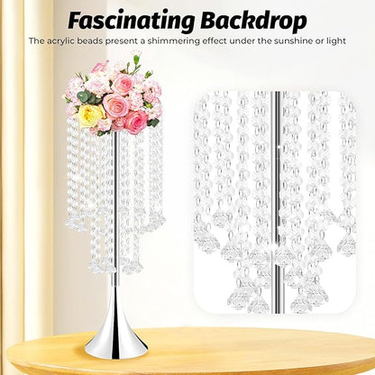 10 Pack Acrylic Crystal Flower Vases, Trumpet Shape Centerpiece with Hand-Strung Beads, Flower Stand Wedding Centerpieces on Floor for Wedding Aisle Decor, Event Centerpieces Decoration (Silver)