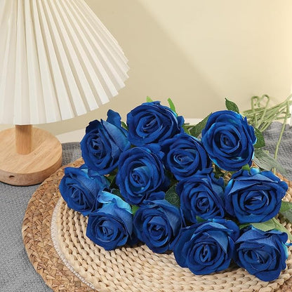 12Pcs Blue Roses Artificial Flowers Fake Roses Faux Velvet Silk Flower for Home Wedding Decoration (Pearl Rose, Blue)