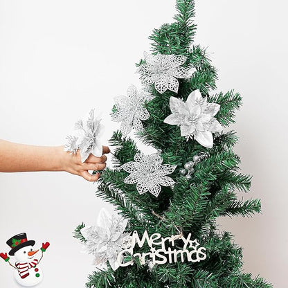 24Pcs Christmas Poinsettia Artificial Flowers and Glitter Berries Kit, 2 Styles Total 16Pcs Christmas Tree Flowers Ornaments, 8Pcs Christmas Tree Picks for Wedding Holiday Decorations, Silver